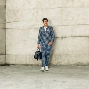 Men’s blue and white checkered plaid suit