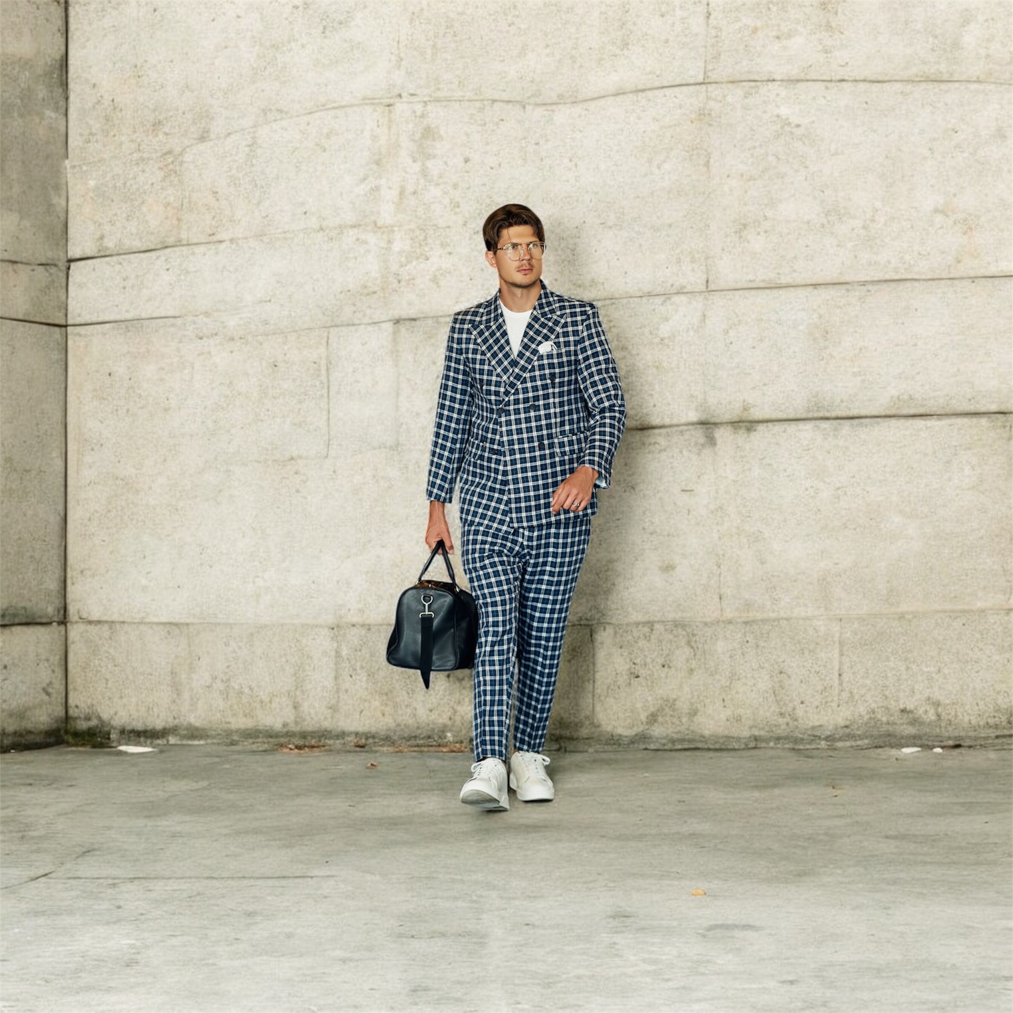 Men’s blue and white checkered plaid suit