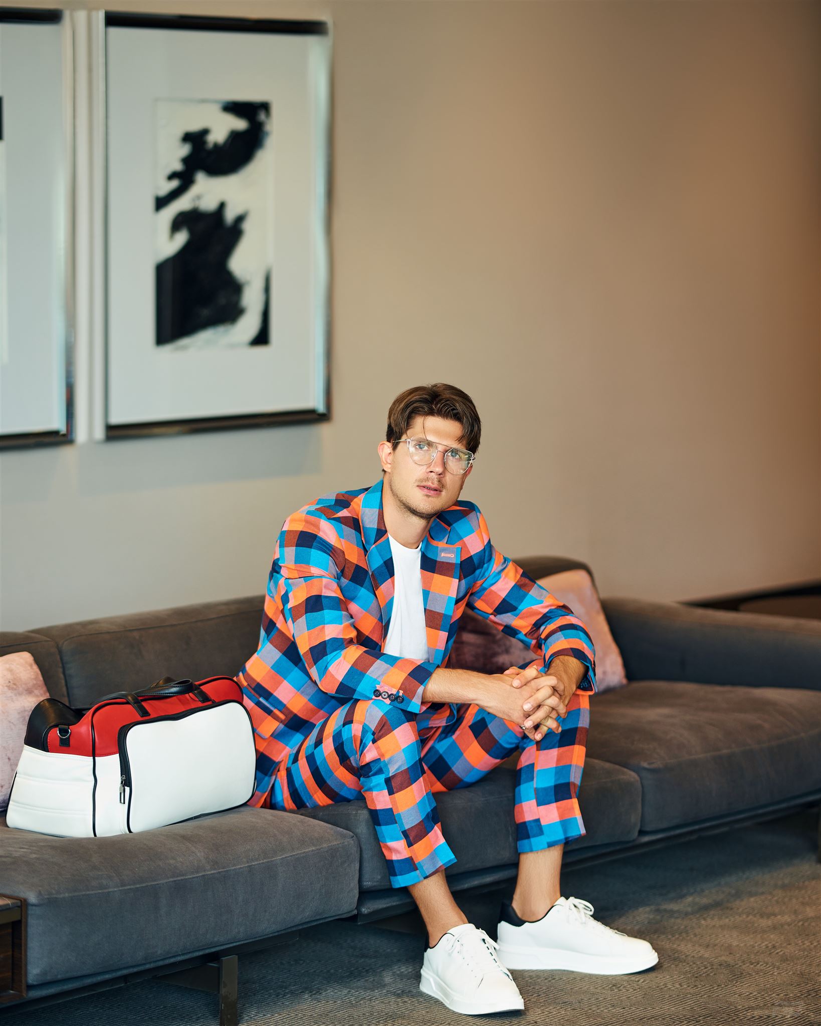 Colorful checkered suit in orange, blue, and red