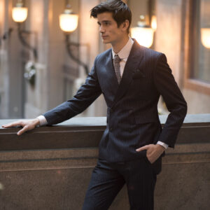 Dark blue pinstriped double-breasted suit